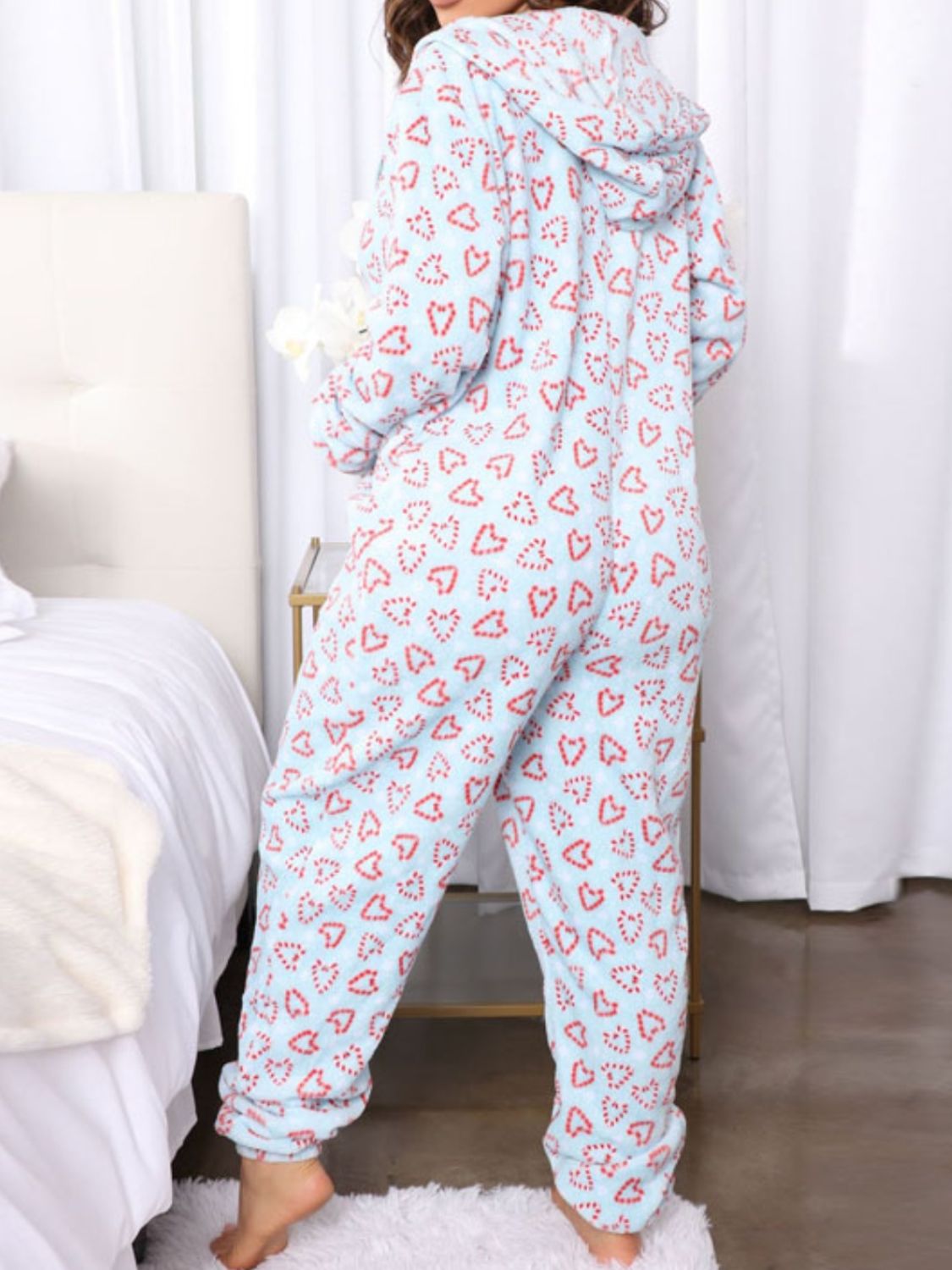 Printed Zip Up Long Sleeve Hooded Lounge Jumpsuit