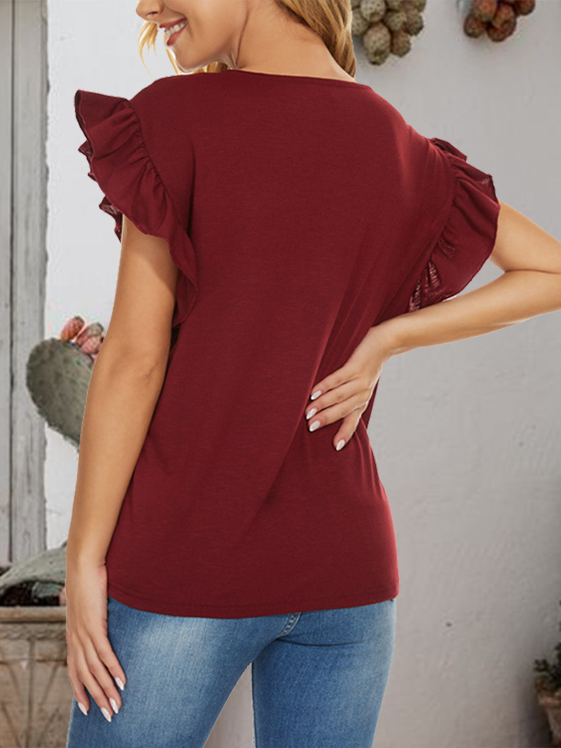 Ruffled Round Neck Cap Sleeve T-Shirt